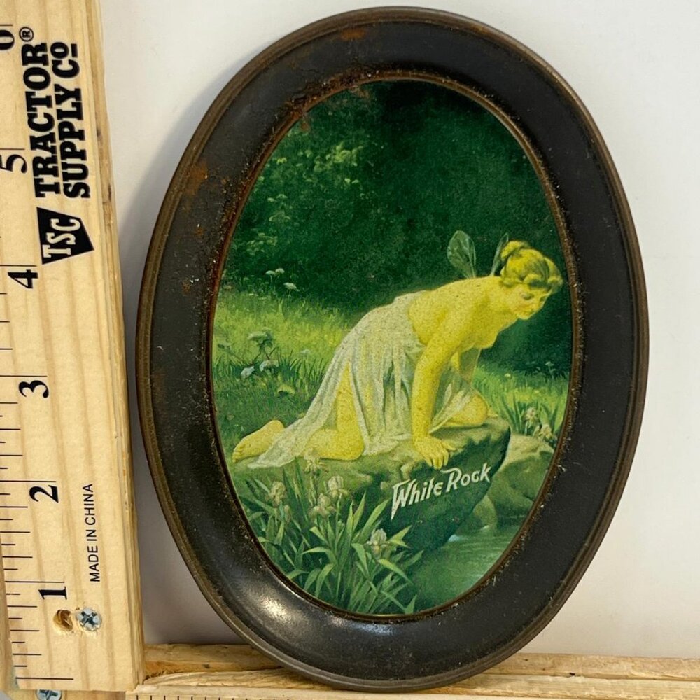 White Rock Fairy Oval Metal Serving Tray Vintage Soda Advertising Green Brown
